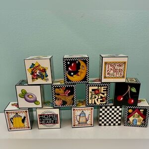 VTG Mary Engelbreit Wood Blocks Set Of 12 Decorative Cubes 1 3/4"